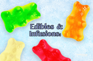 neon gummie bears on a blue background with the text Edibles & Infusions: